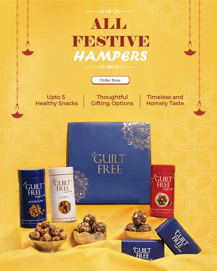 Guiltfreee festive gift hampers with a selection of healthy snacks, perfect for holiday and corporate gifting