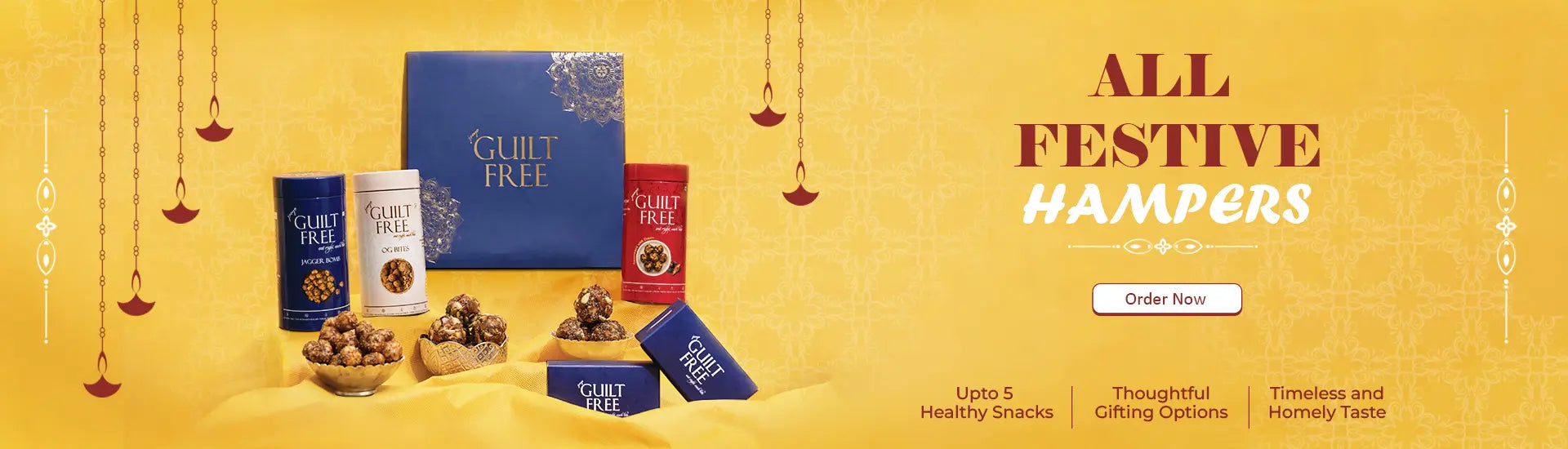 Order Now - Guiltfreee festive gift hampers with healthy snacks, ideal for holiday gifting and celebrations