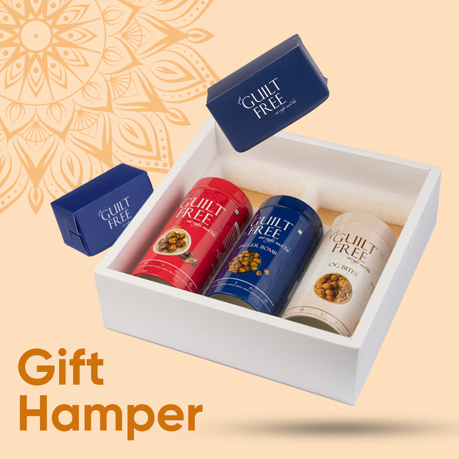 Healthy Guiltfreee Gift Hamper Featuring OG Bites, Okra Chips, and Cashews for Guilt-Free Gifting